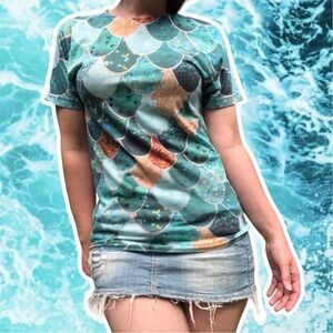 American Apparel Sublimated Mermaid Scale Teal and Aqua T-Shirt, Size S